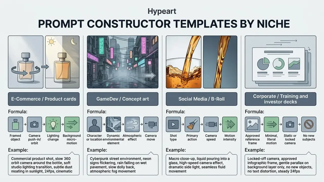Grid of four prompt construction templates categorized by niche with specific formulas and examples