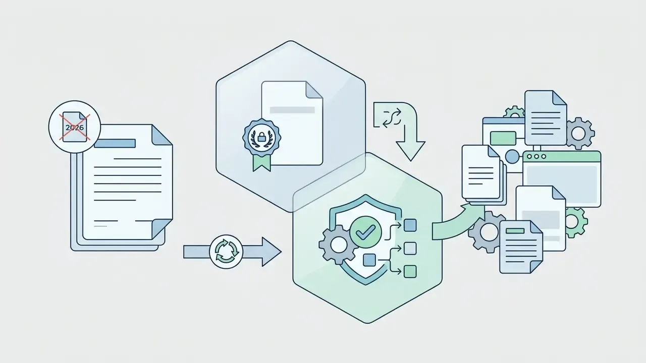 Document icons transitioning through security shields and processing hubs into organized file collections