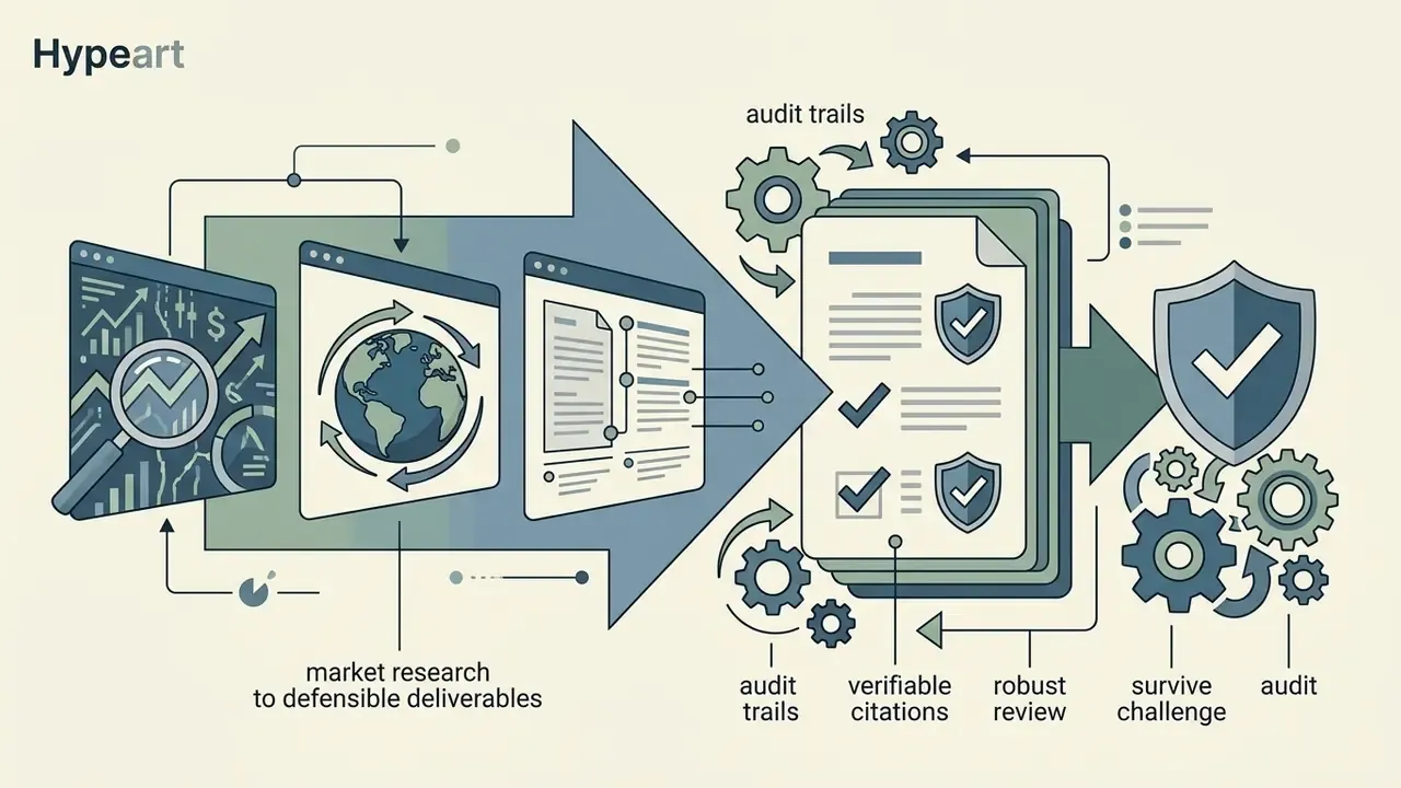 Research windows feeding into a document processor that generates verified reports for audit and review