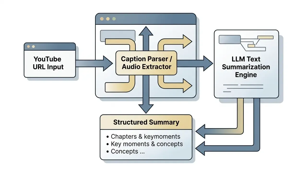 System architecture showing a YouTube URL input feeding into a caption parser and an LLM summarization engine