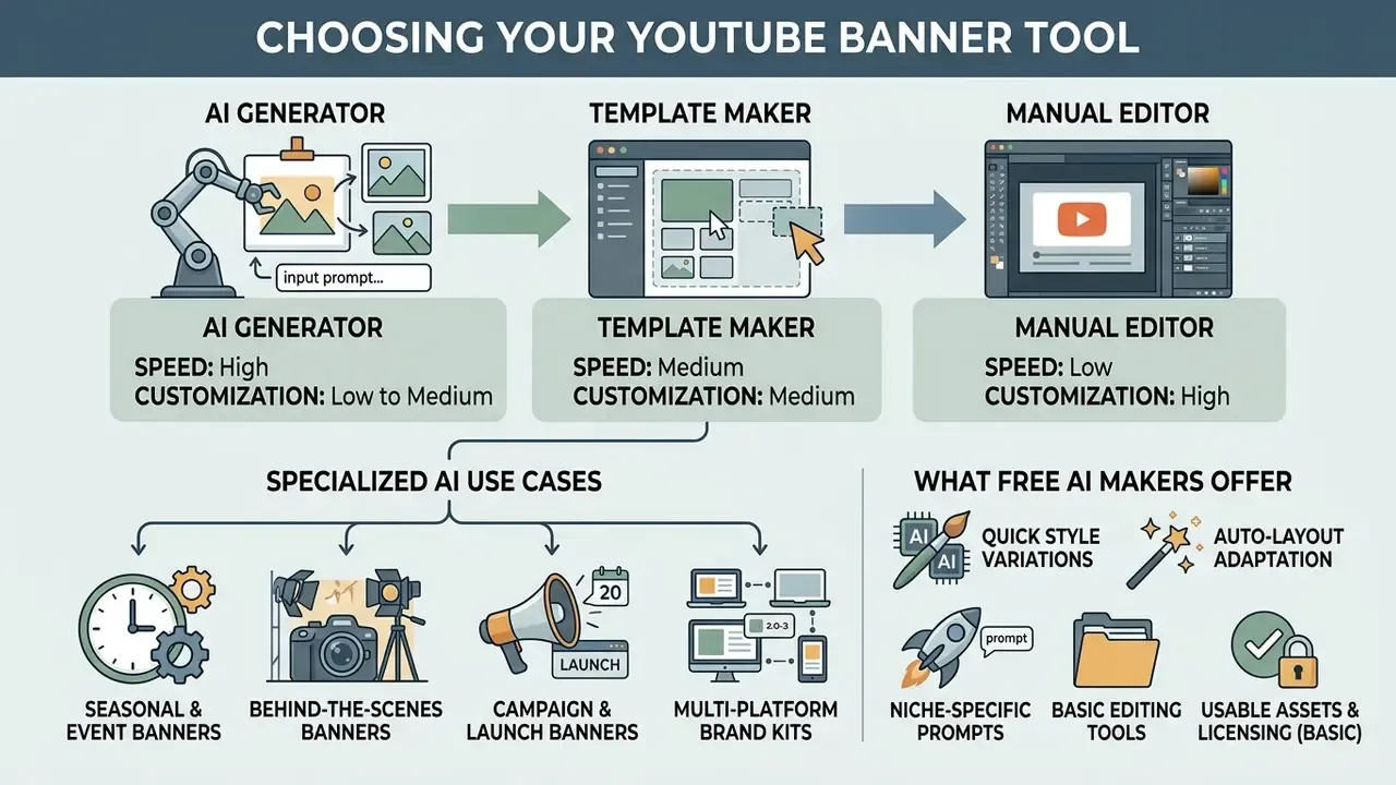 Comparison chart showing speed and customization differences between AI, template, and manual banner tools