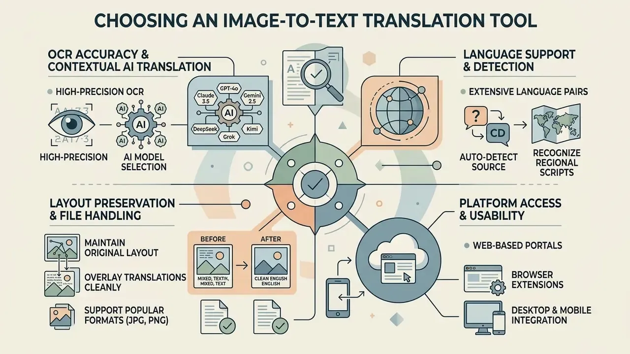 Infographic detailing key criteria for selecting an image to text translation tool