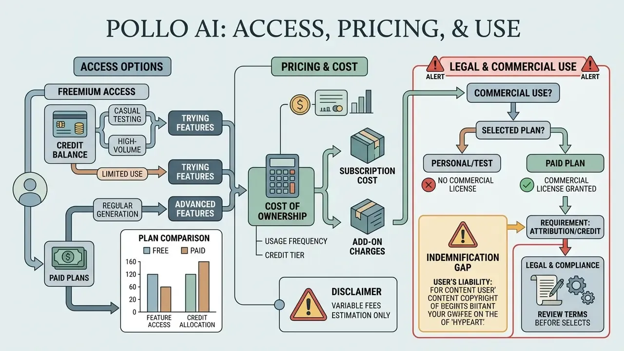Flowchart outlining credit-based access tiers, cost estimation, and legal requirements for commercial use