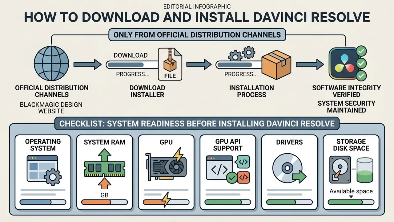 Flowchart outlining the DaVinci Resolve installation process and a checklist for system requirements