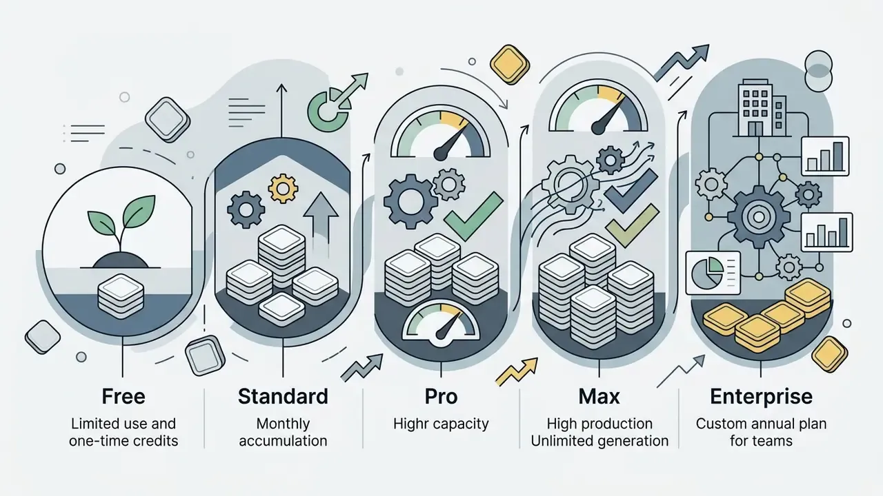 Linear progression graphic showing five distinct Runway AI subscription tiers with increasing credit volumes