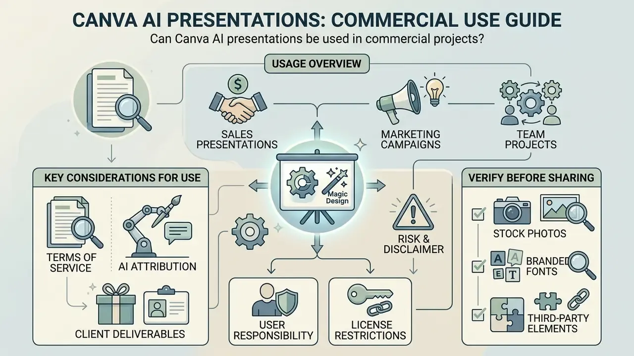 Infographic showing commercial use considerations, verification steps, and project applications for AI tools