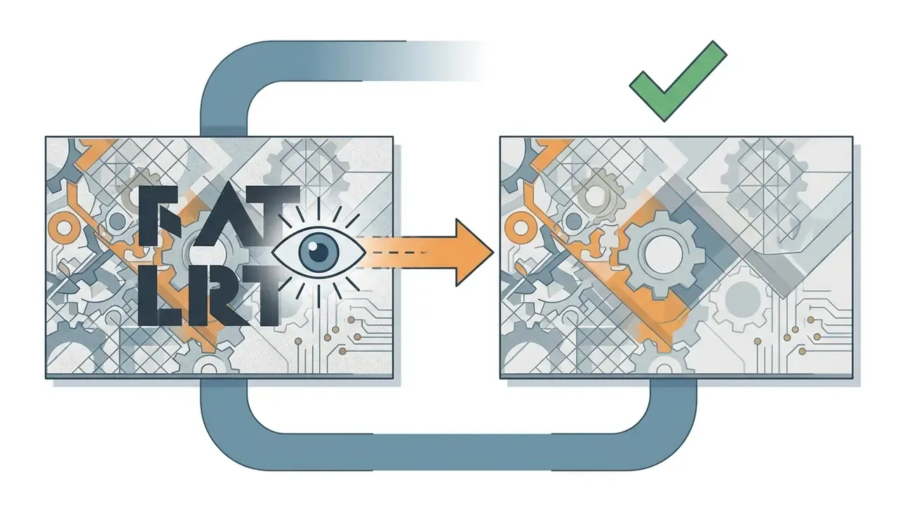 Eye icon scanning a graphic to erase lettering and reveal the underlying mechanical gear pattern
