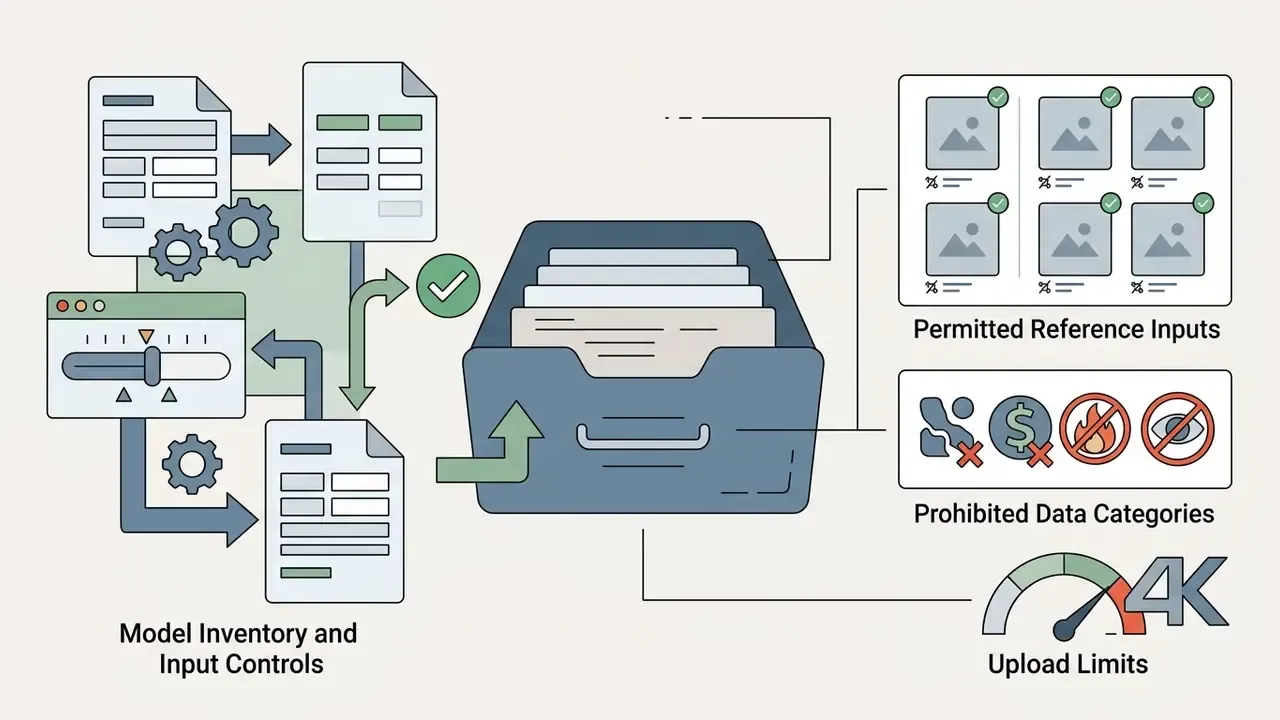Document flow into a central file cabinet with icons for permitted inputs, prohibited data, and upload limits