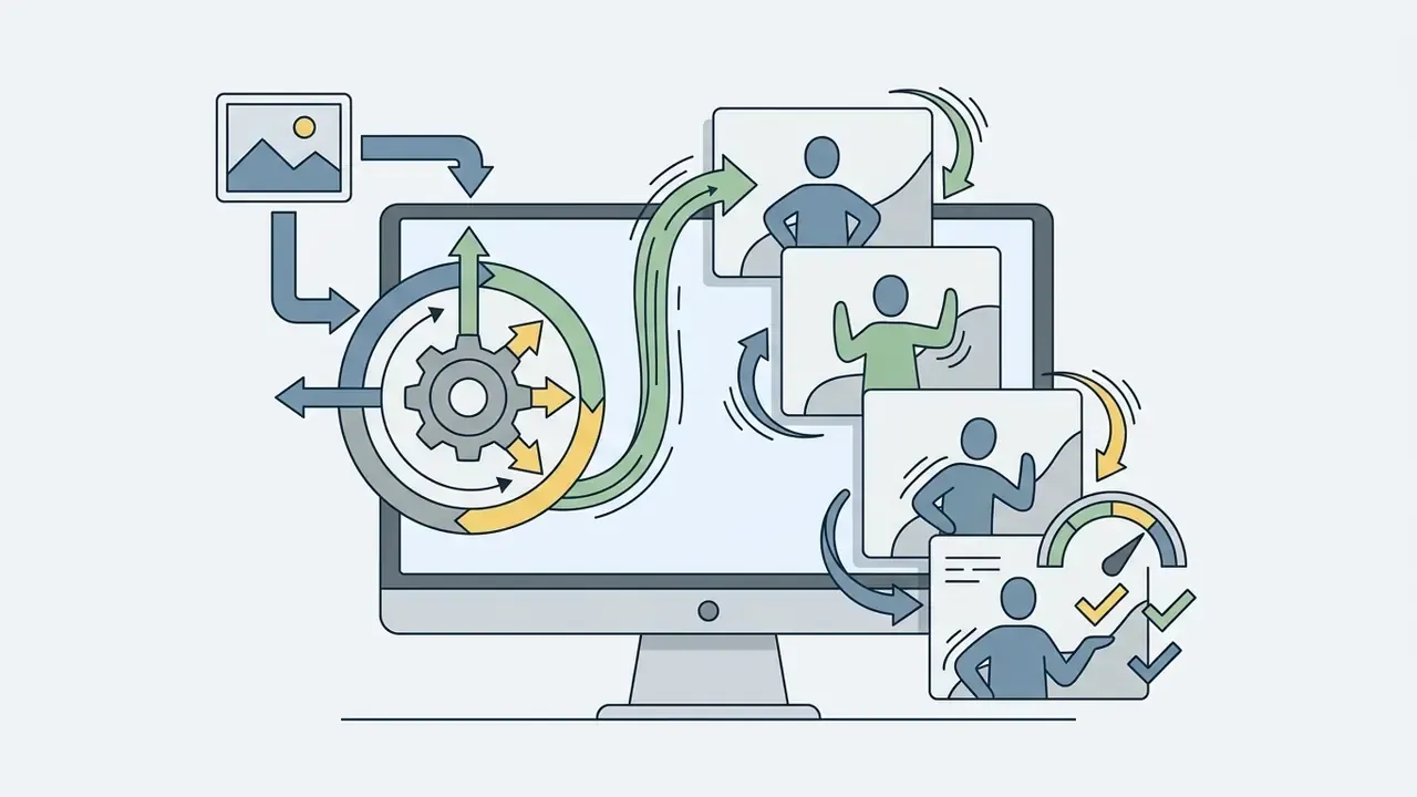 Gear mechanism processing a static image into a sequence of animated character frames on a computer monitor