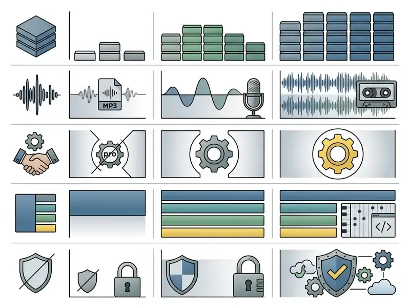 Comparison matrix showing tiered service levels for data capacity, audio quality, and security features