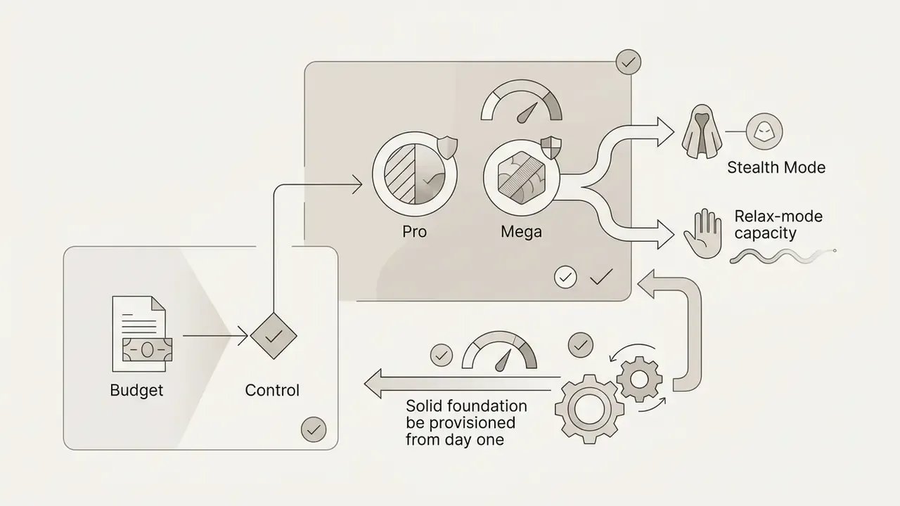 Process flow connecting budget control to Pro and Mega subscription tiers for Stealth and Relax modes