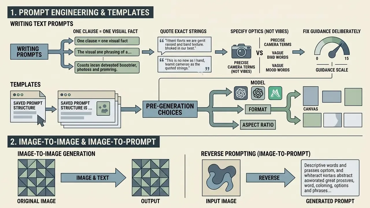 Flowchart detailing Flux AI prompt engineering, template usage, and image-to-image generation workflows