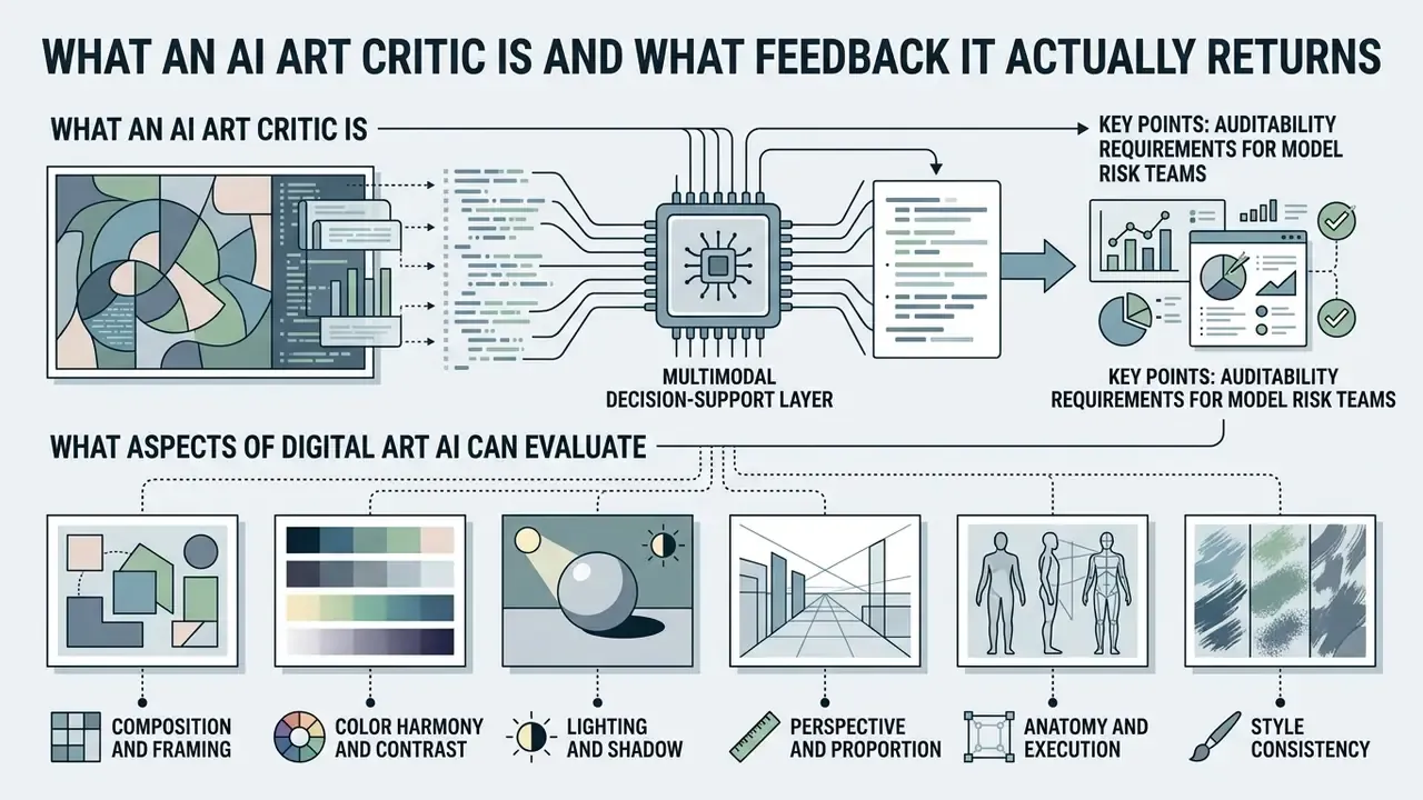 Infographic showing how a central processor converts visual art data into structured feedback and audit reports