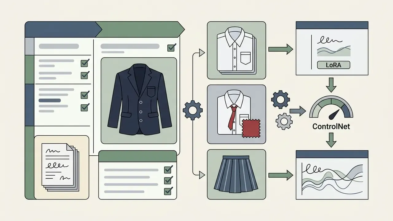 Diagram showing clothing items processed through LoRA and ControlNet modules for digital design