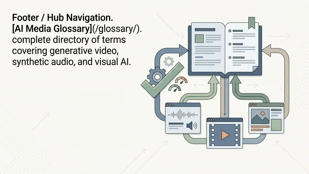 Book icon linked by arrows to audio, video, and image interface panels with gear and gauge symbols