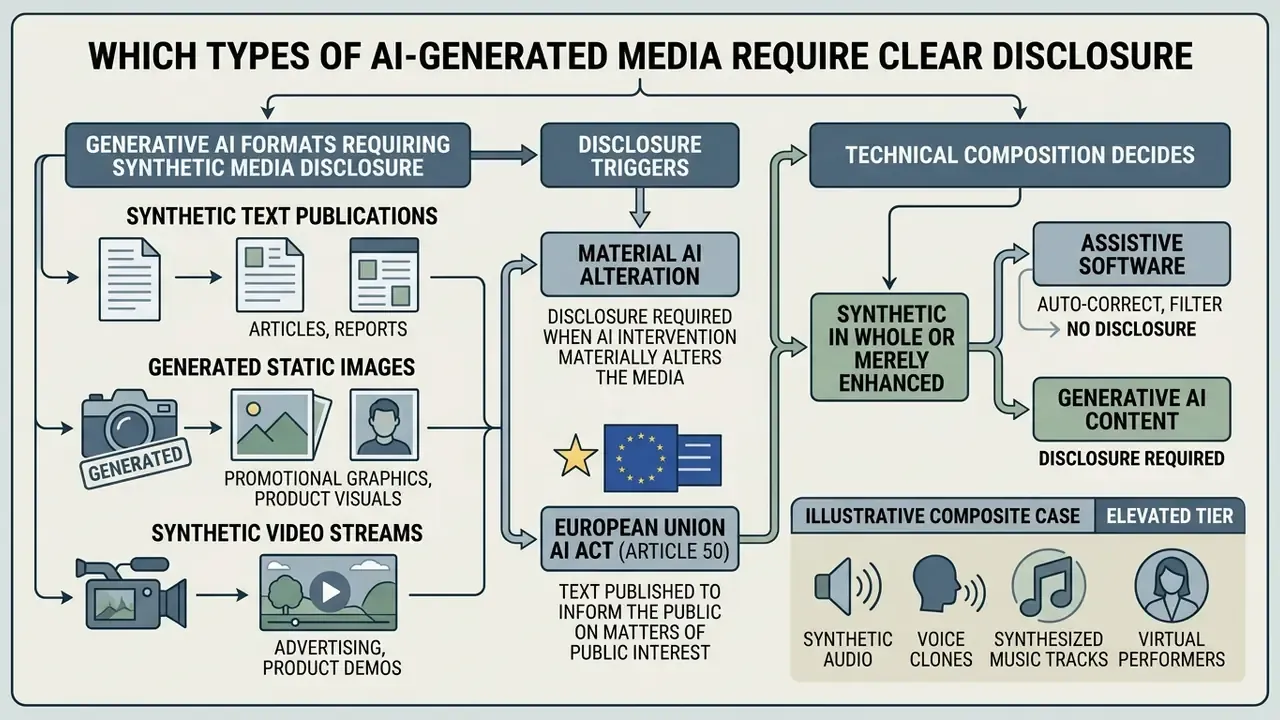 Flowchart categorizing synthetic media formats that trigger disclosure requirements under AI regulations