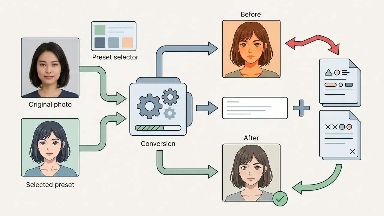 Workflow showing an AI photo to anime converter applying prompt adjustments to correct skin tone