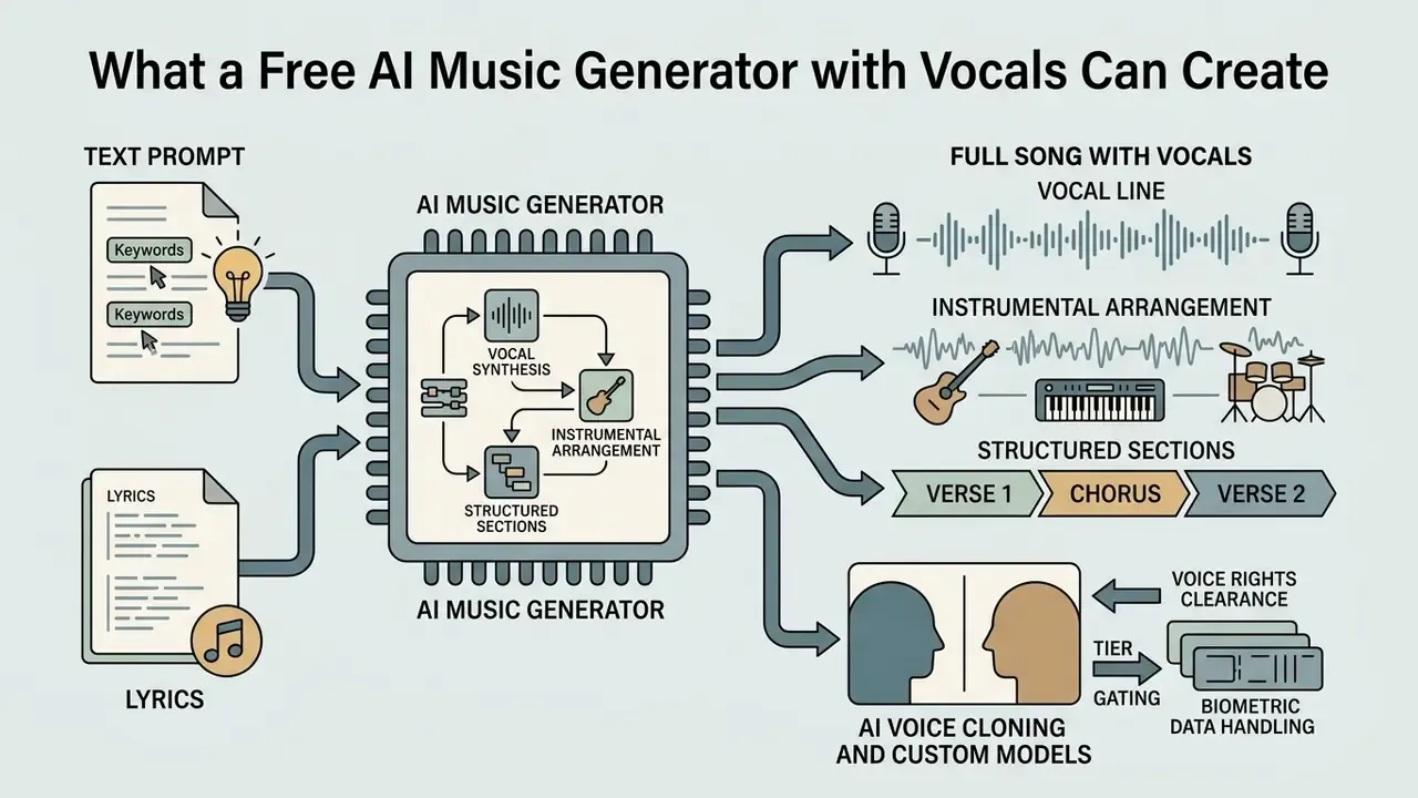 Infographic showing how a free AI music generator with vocals processes text prompts into full songs