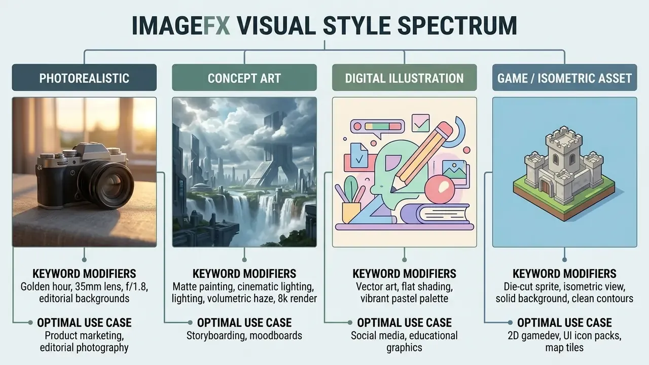 Comparison chart showing ImageFX visual styles with example images, keyword modifiers, and use cases