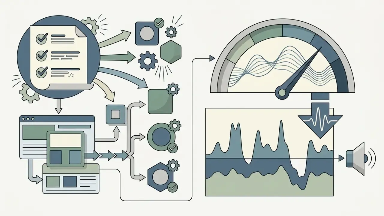 Checklist document feeding into a gauge and audio waveform display for sound level monitoring