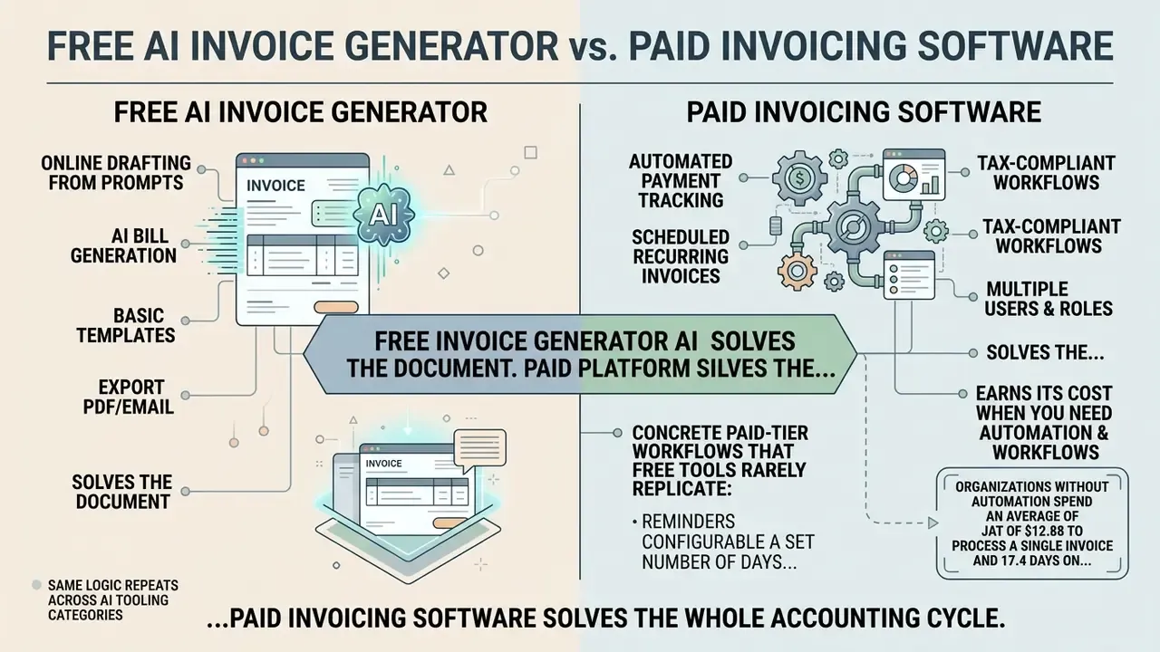 Comparison infographic contrasting features of a free AI invoice generator with paid accounting software