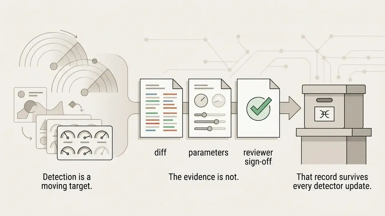 Data flow showing text diffs, parameter settings, and reviewer sign-off being archived in a storage box
