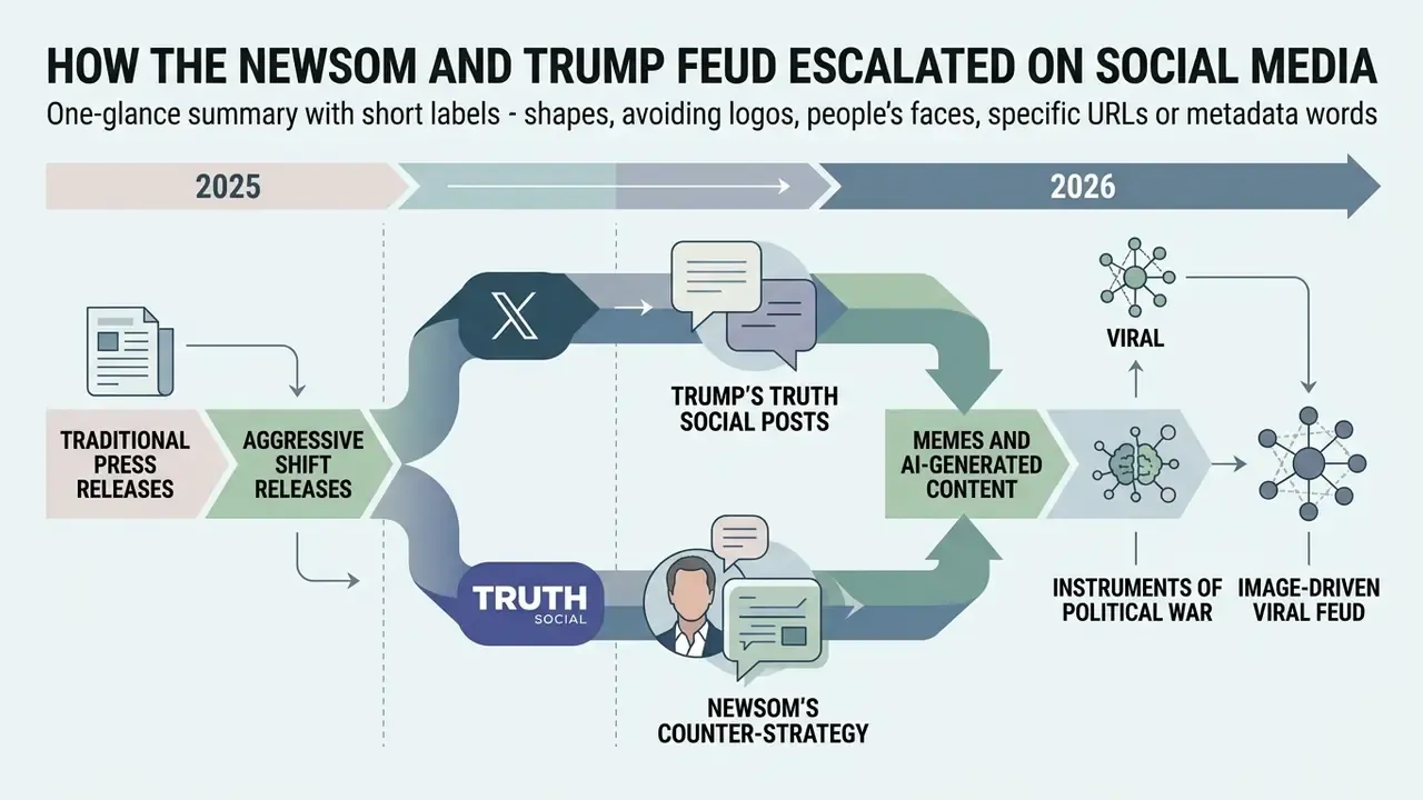 Flowchart tracking the transition from press releases to viral digital conflict between two politicians
