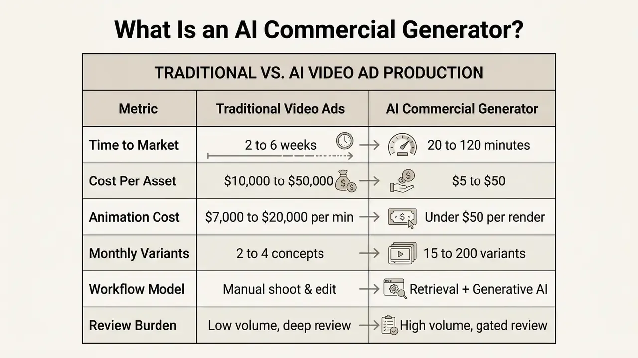 Comparison table contrasting traditional video ad production metrics with an AI commercial generator