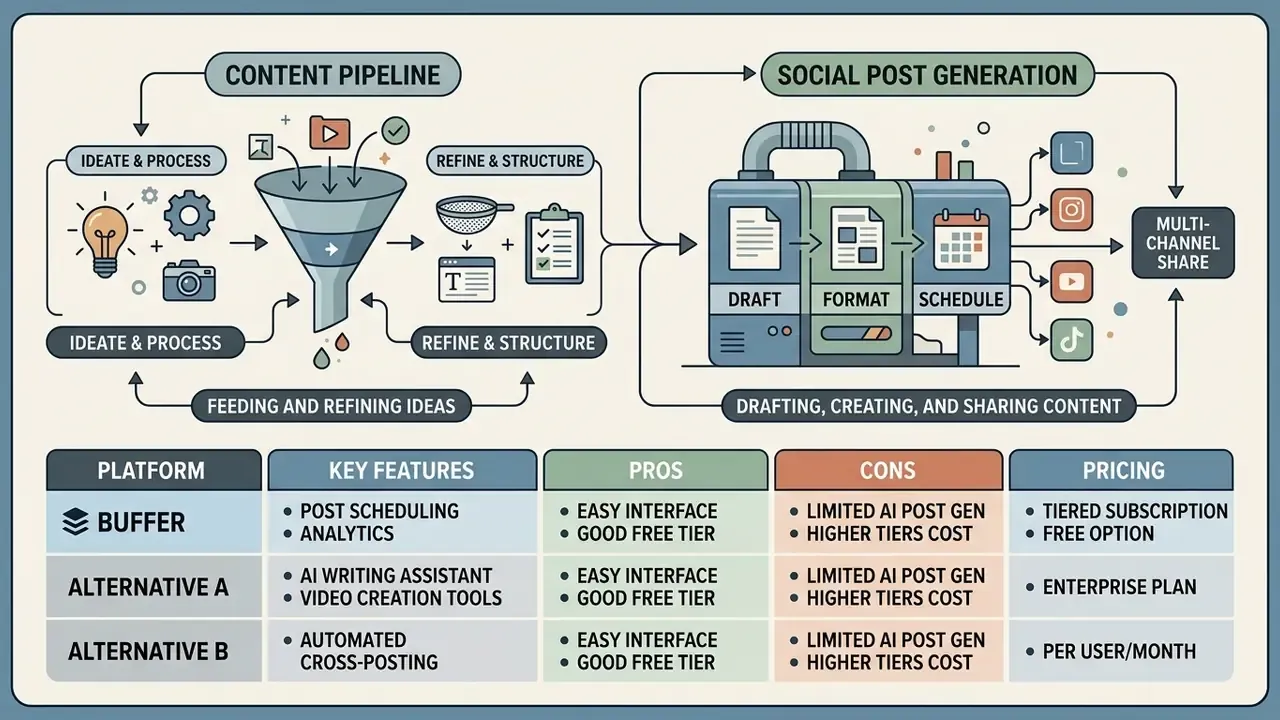 Diagram illustrating a social media content pipeline alongside a comparison table for platform features