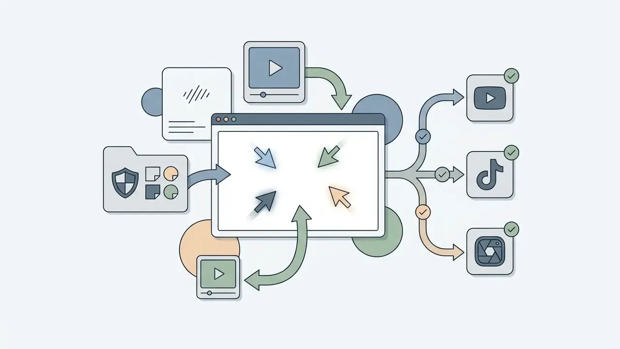 Central web editor interface receiving brand assets and video files to export content to social platforms