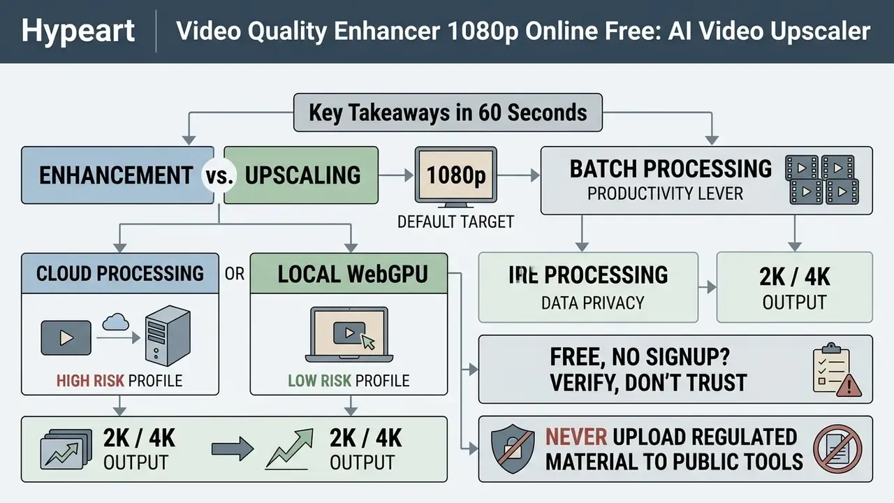 Flowchart summarizing video enhancement concepts including processing types, data privacy, and output targets