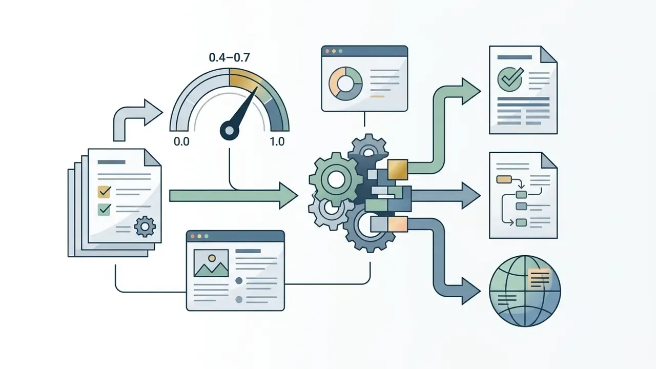 Documents and data passing through a central gear mechanism to produce various formatted outputs