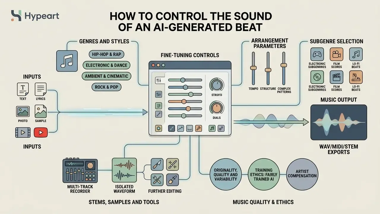 Infographic detailing music production adjustments through genre selection, parameter tuning, and stem editing