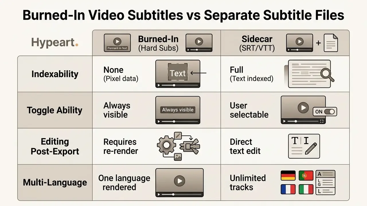 Comparison table contrasting the technical differences between burned-in subtitles and sidecar files