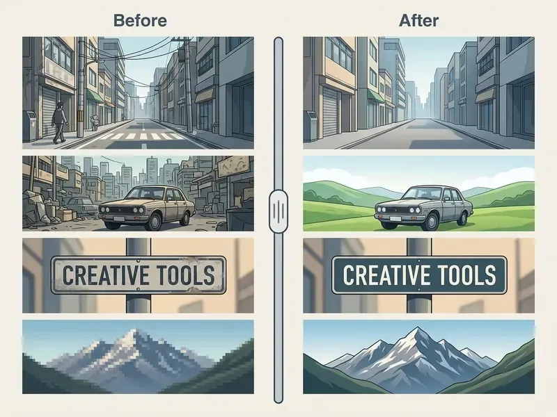 Split screen showing before and after examples of object removal, background changes, and image upscaling