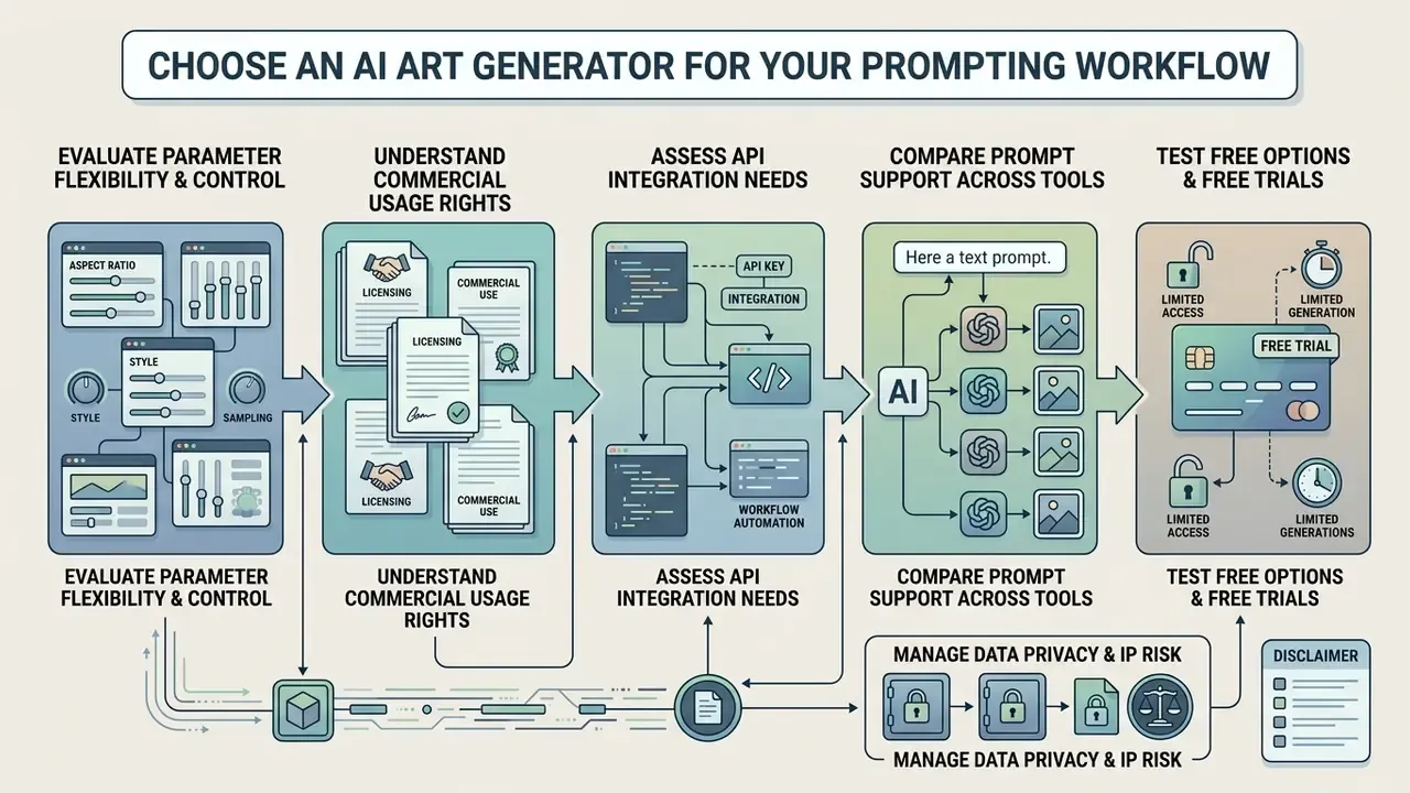 Flowchart outlining criteria for choosing an AI art generator including usage rights and API integration