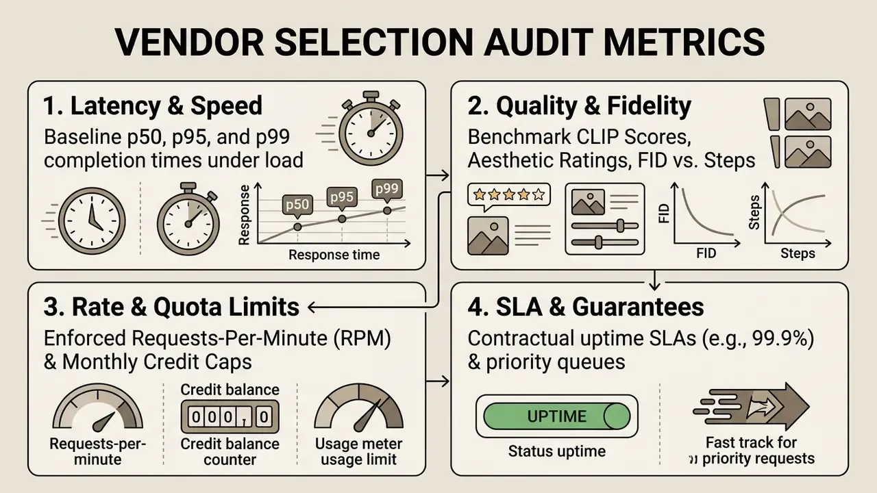 Four-part diagram outlining audit metrics for vendor selection including latency, quality, quotas, and SLAs