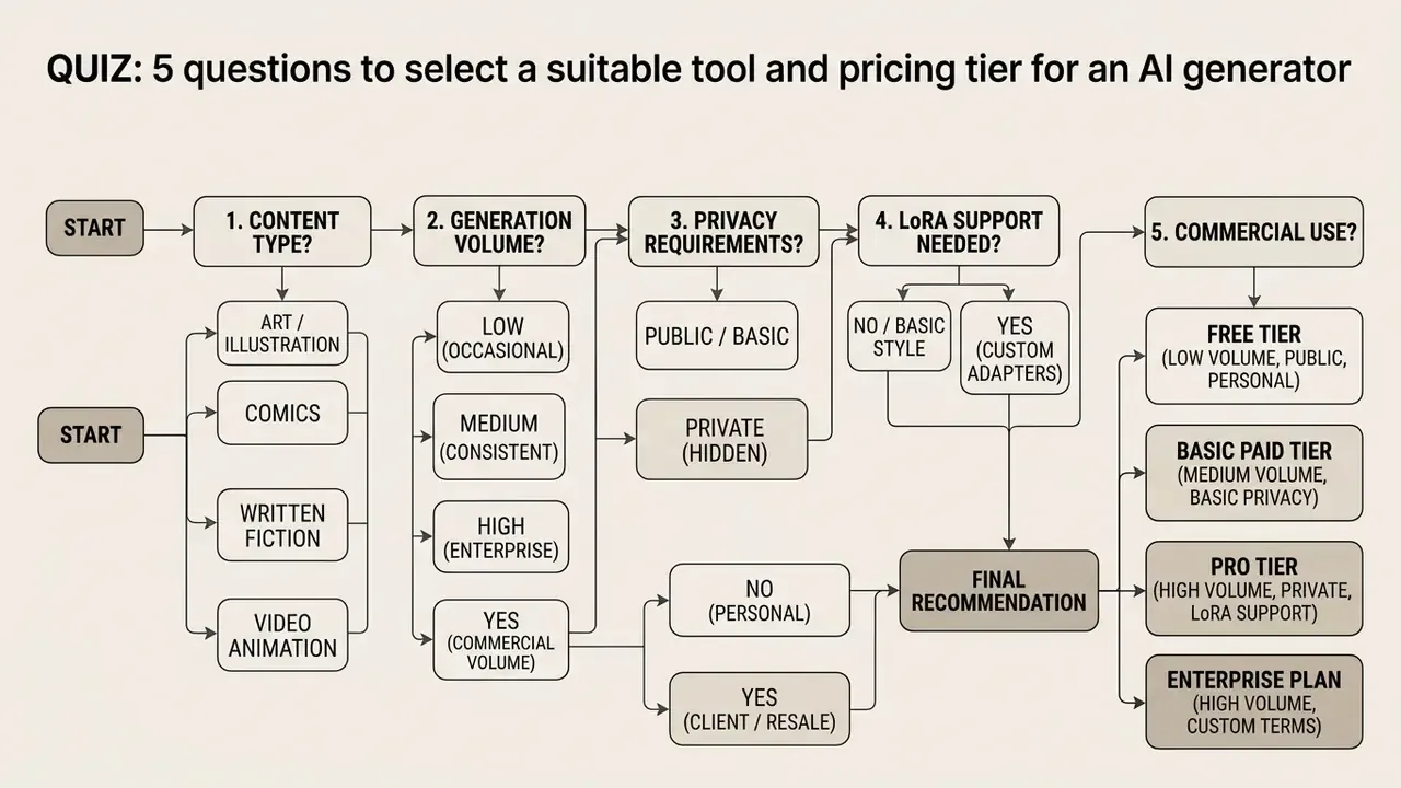 Flowchart with five decision steps leading to a final recommendation for an AI tool pricing tier