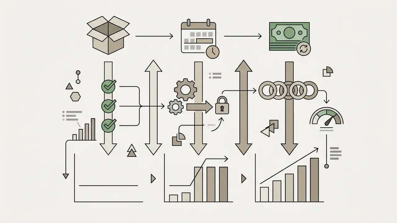 Icons representing box, calendar, and money linked to gear, lock, and bar chart processing steps