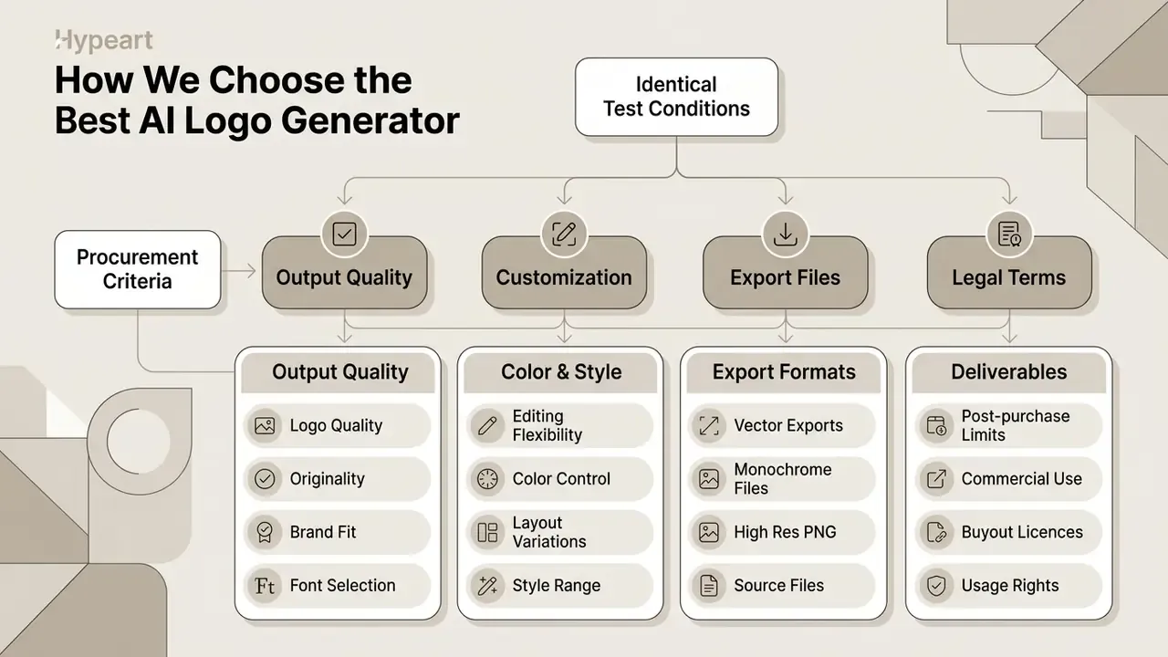 Flowchart outlining the criteria for evaluating AI logo generators including quality and legal terms