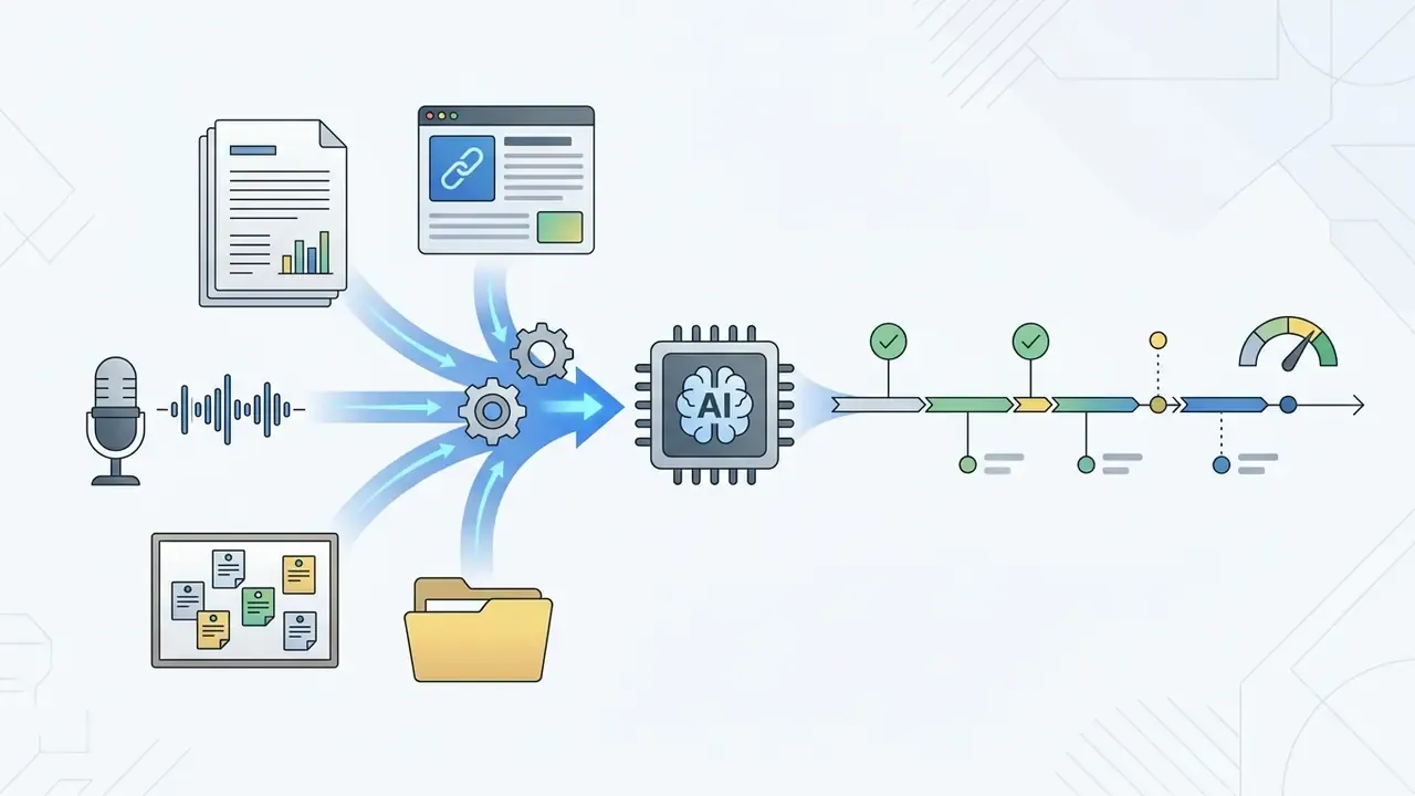 Documents, audio, and web links converging through gears into an AI processor to output a linear timeline
