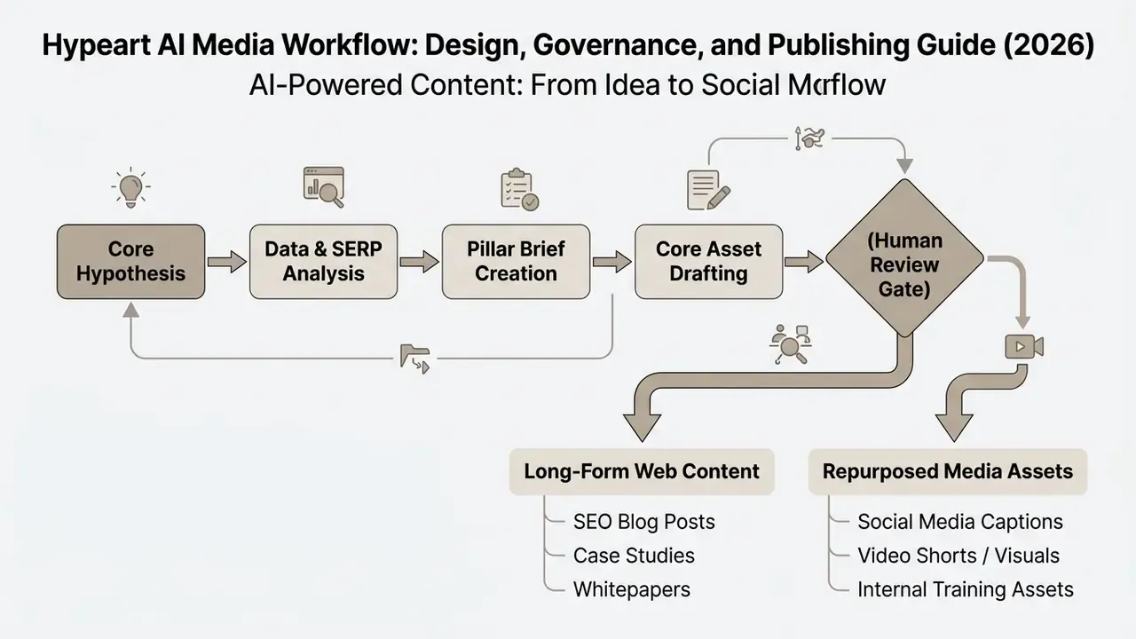 Process flow diagram showing content creation stages leading to a human review gate and final output