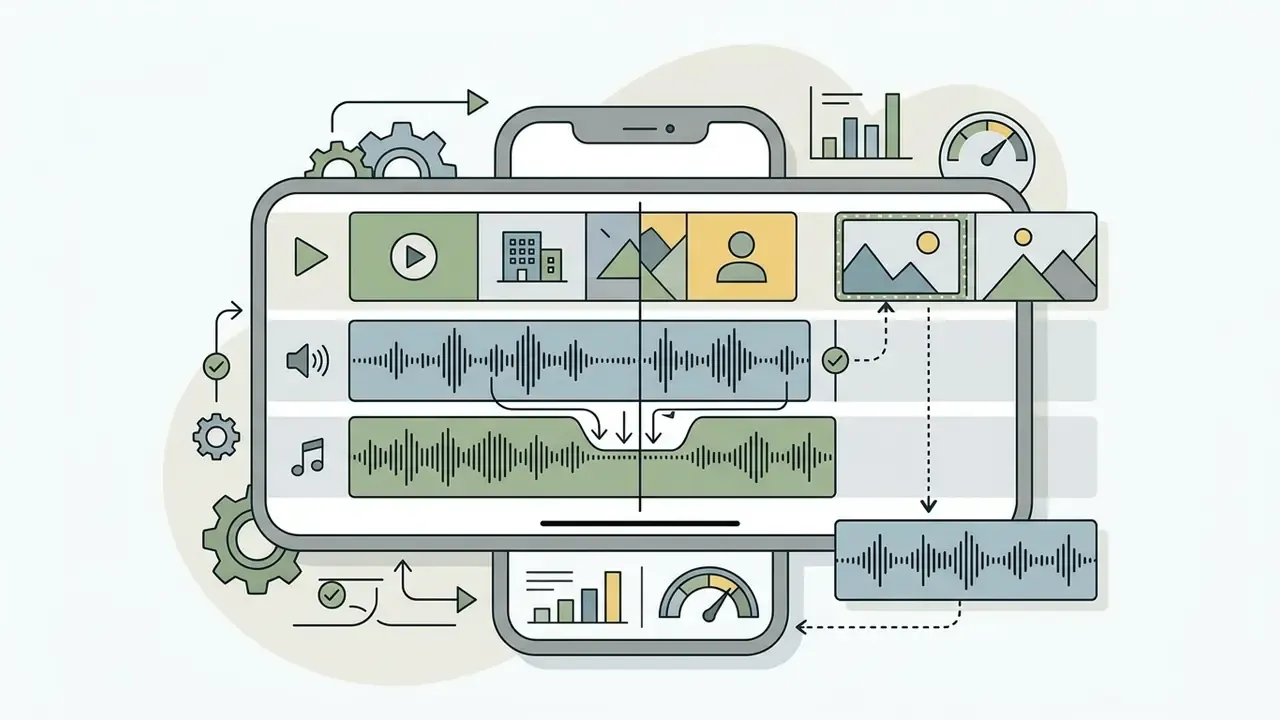 Timeline interface showing audio ducking where background music volume lowers beneath speech waveforms