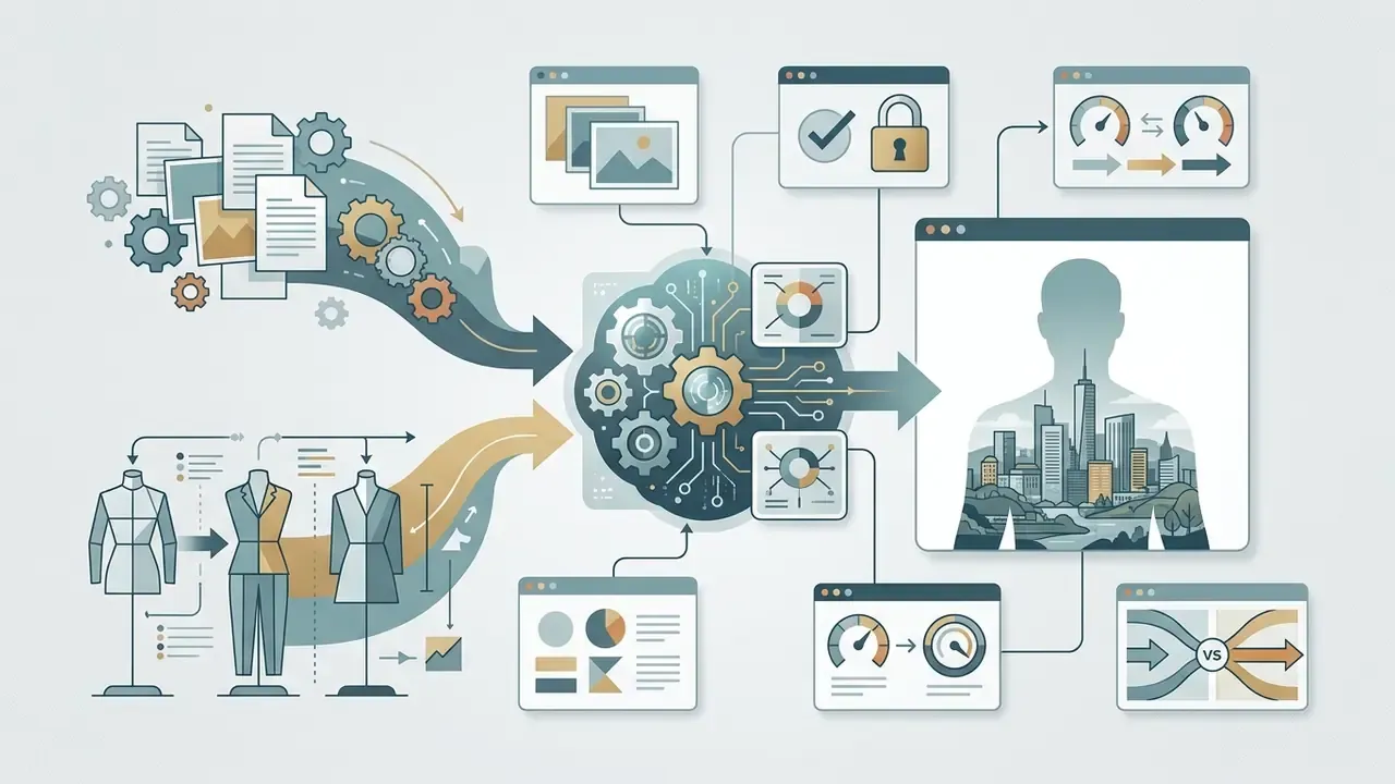 Data streams from documents and clothing templates merging into a central processor to create a double exposure