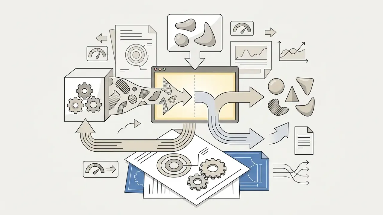 Mechanical gears processing data into a central screen that outputs various shapes and analytical documents