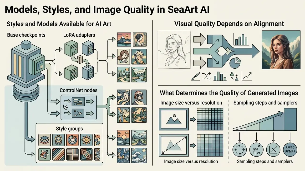 Diagram showing how checkpoints, LoRAs, and parameters influence SeaArt AI image generation quality