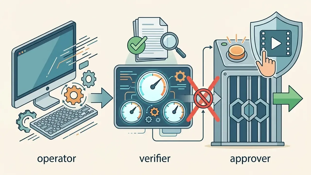 Three distinct stages representing an operator, verifier, and approver in a content production workflow