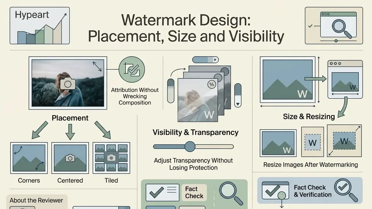 Infographic summarizing techniques for photo attribution including placement, transparency, and resizing