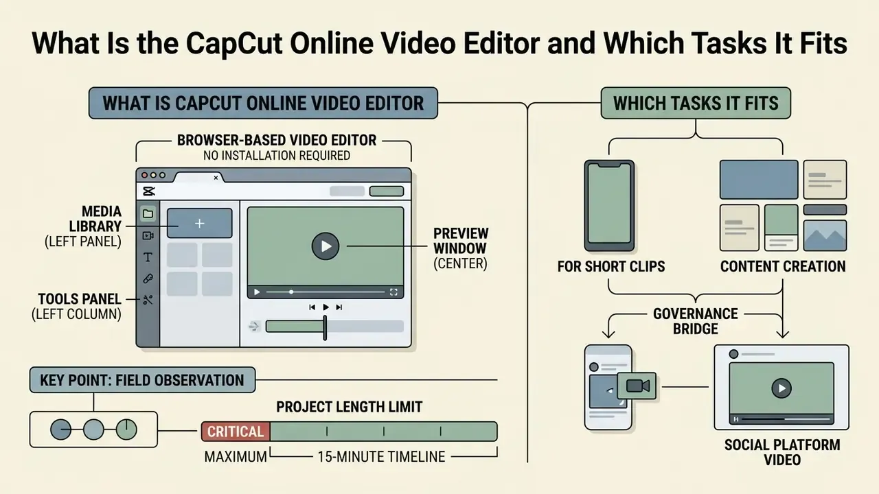Infographic showing the CapCut online video editor interface, key features, and typical use cases