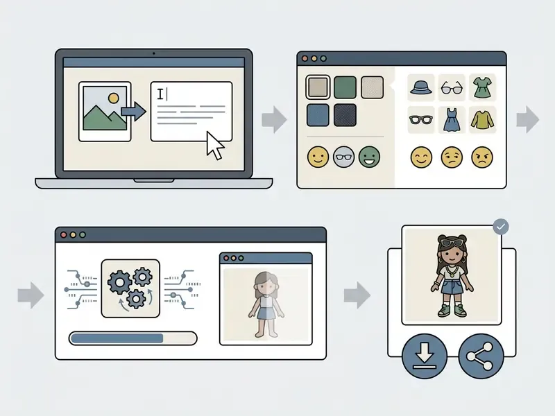 Four-step workflow diagram showing input, customization, processing, and final download or share options